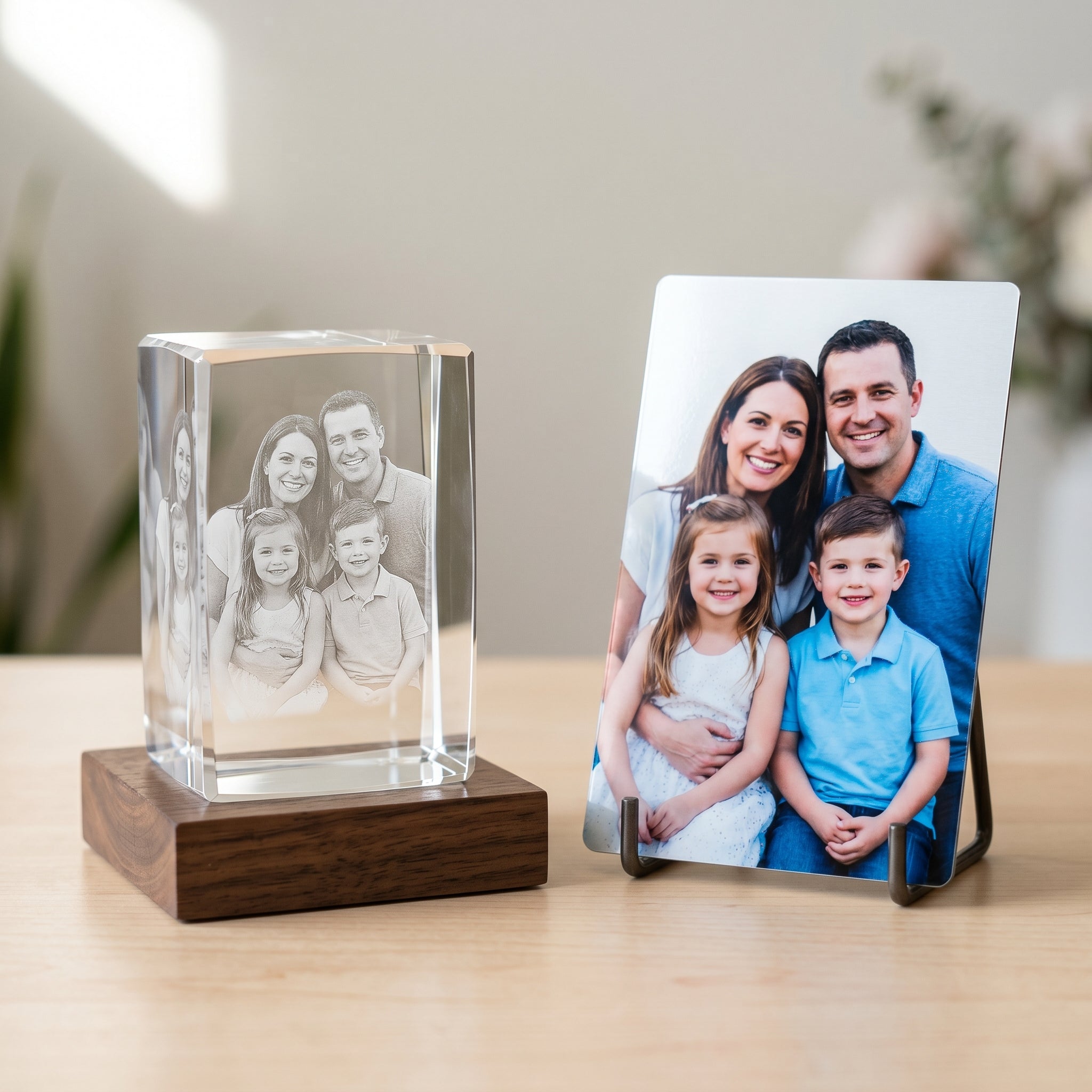 Beyond Memories crystal next to a glossy aluminum metal print of the same family photo, side by side comparison.