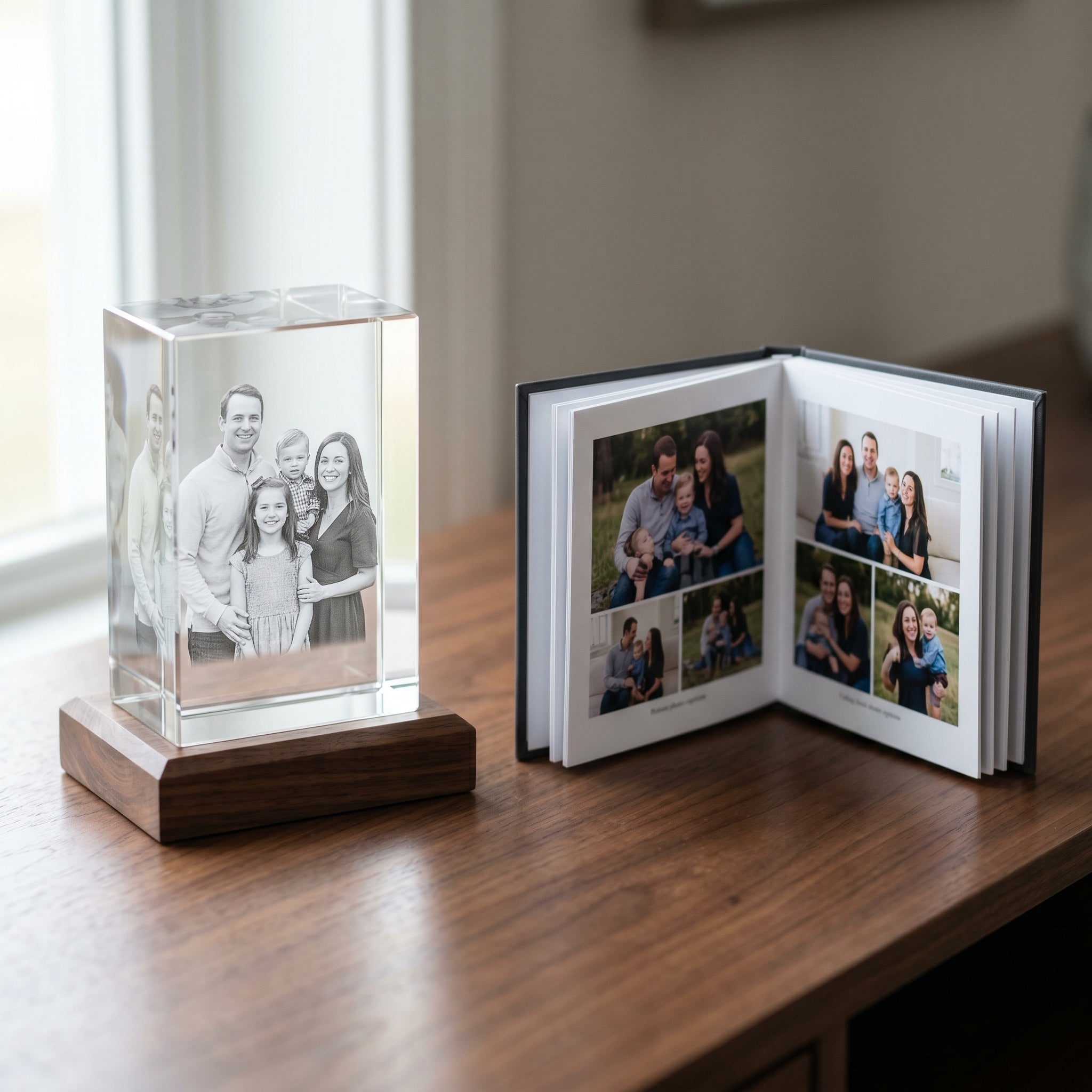 Beyond Memories crystal next to an open photo book showing the same family in a printed spread, comparison side by side.