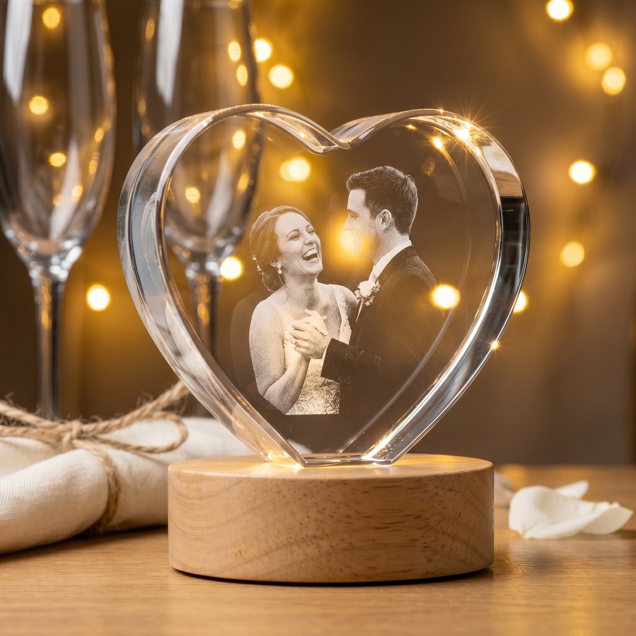 BM heart memory crystal engraved with bride and groom early 30s mid-dance on natural-blonde Essentials wood light base