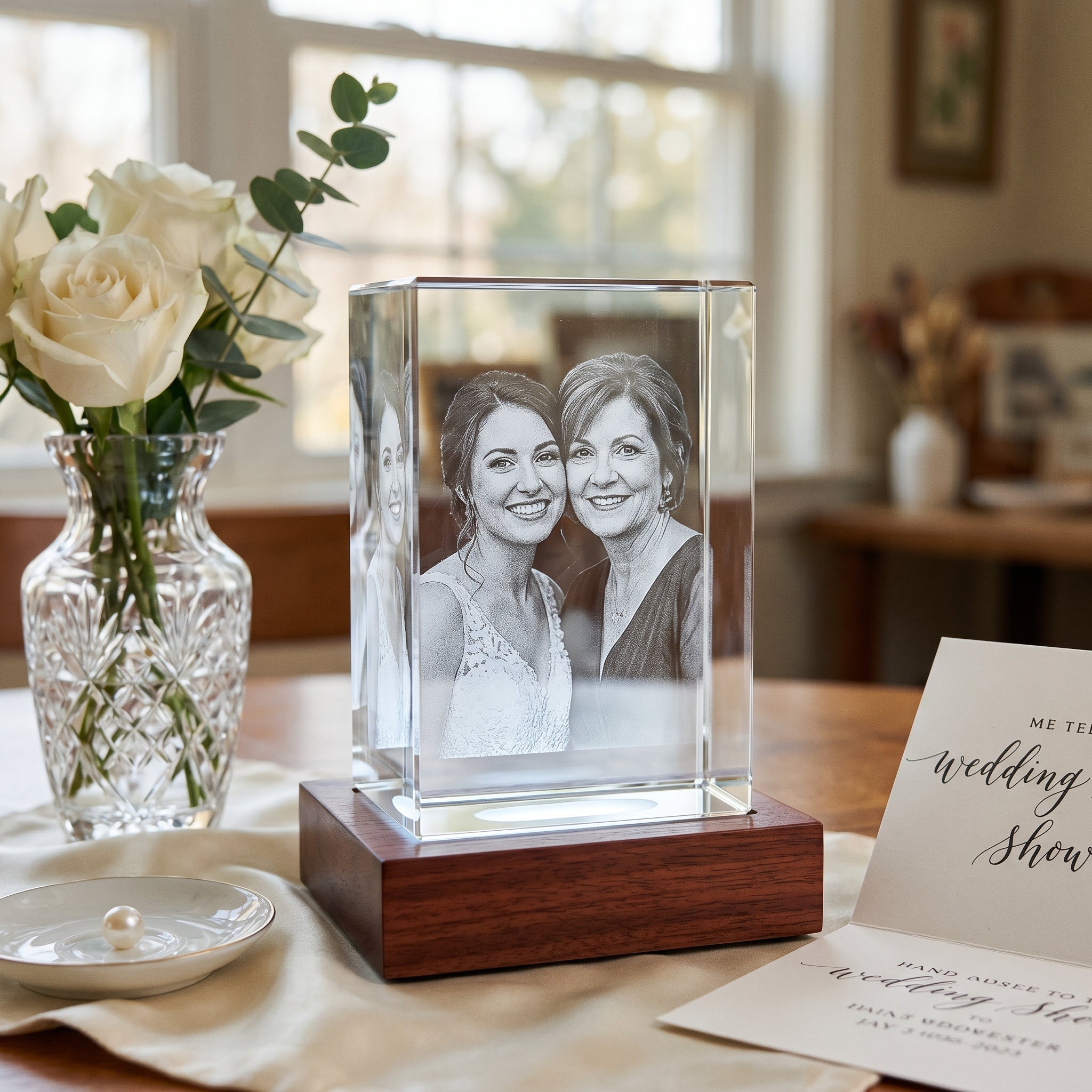3D crystal bride-to-be and mother portrait on rosewood light base, hand-addressed wedding shower card, white roses, breakfast nook