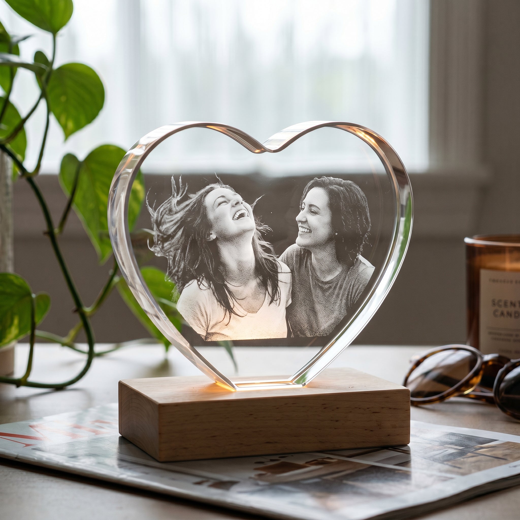 BM heart memory crystal engraved with two best-friend women late 20s laughing organically on natural-blonde Essentials base