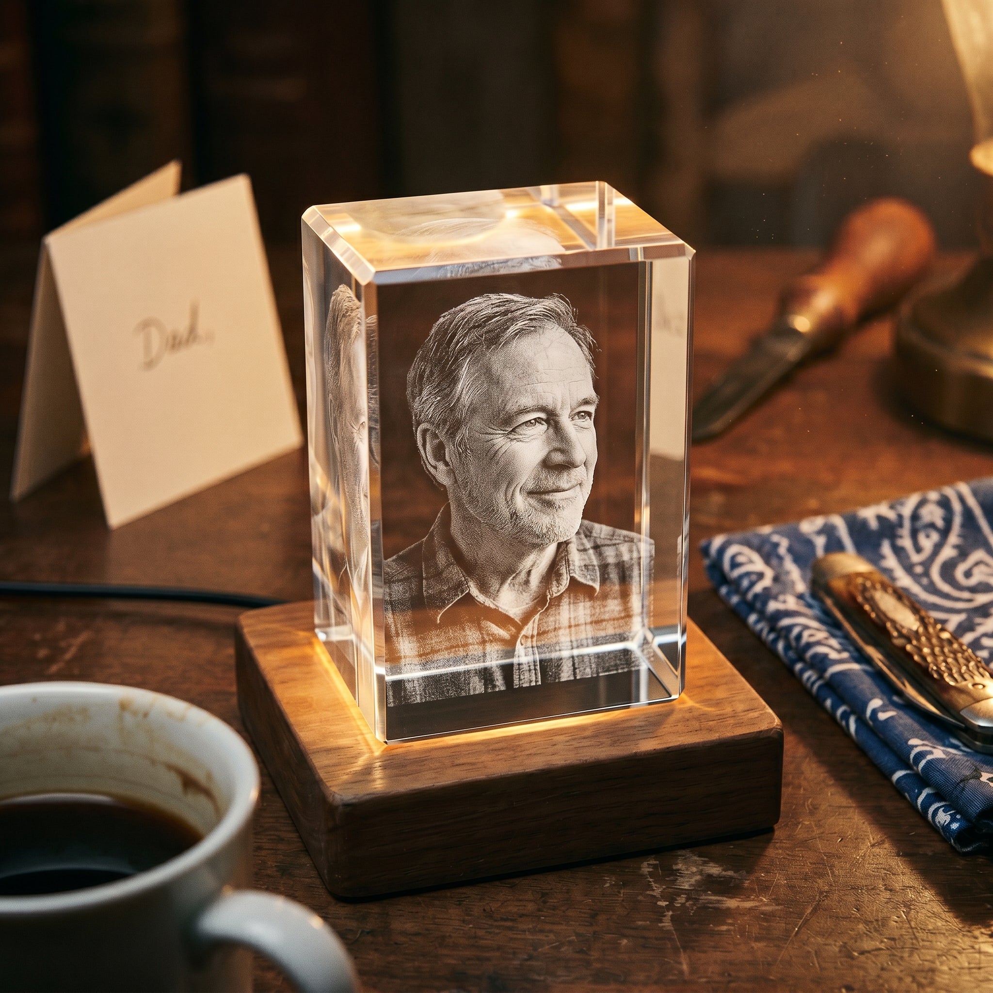 Walnut rectangle 3D Crystal engraved with candid father-in-law portrait in pure grayscale, rustic Christmas study with card and vintage pocket knife