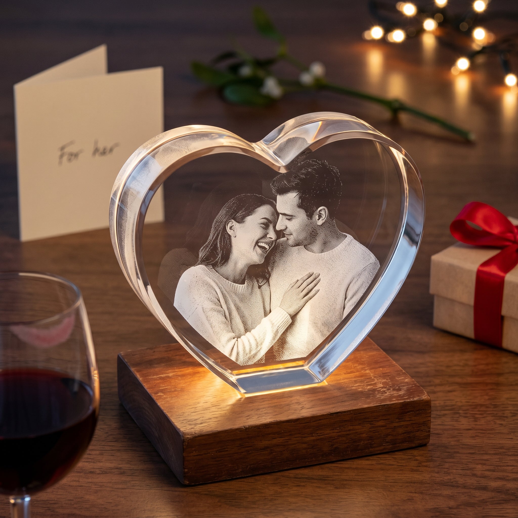 Rosewood heart 3D Crystal with flat bottom engraved with candid young couple mid-laugh in pure grayscale, intimate Christmas bedroom dresser scene
