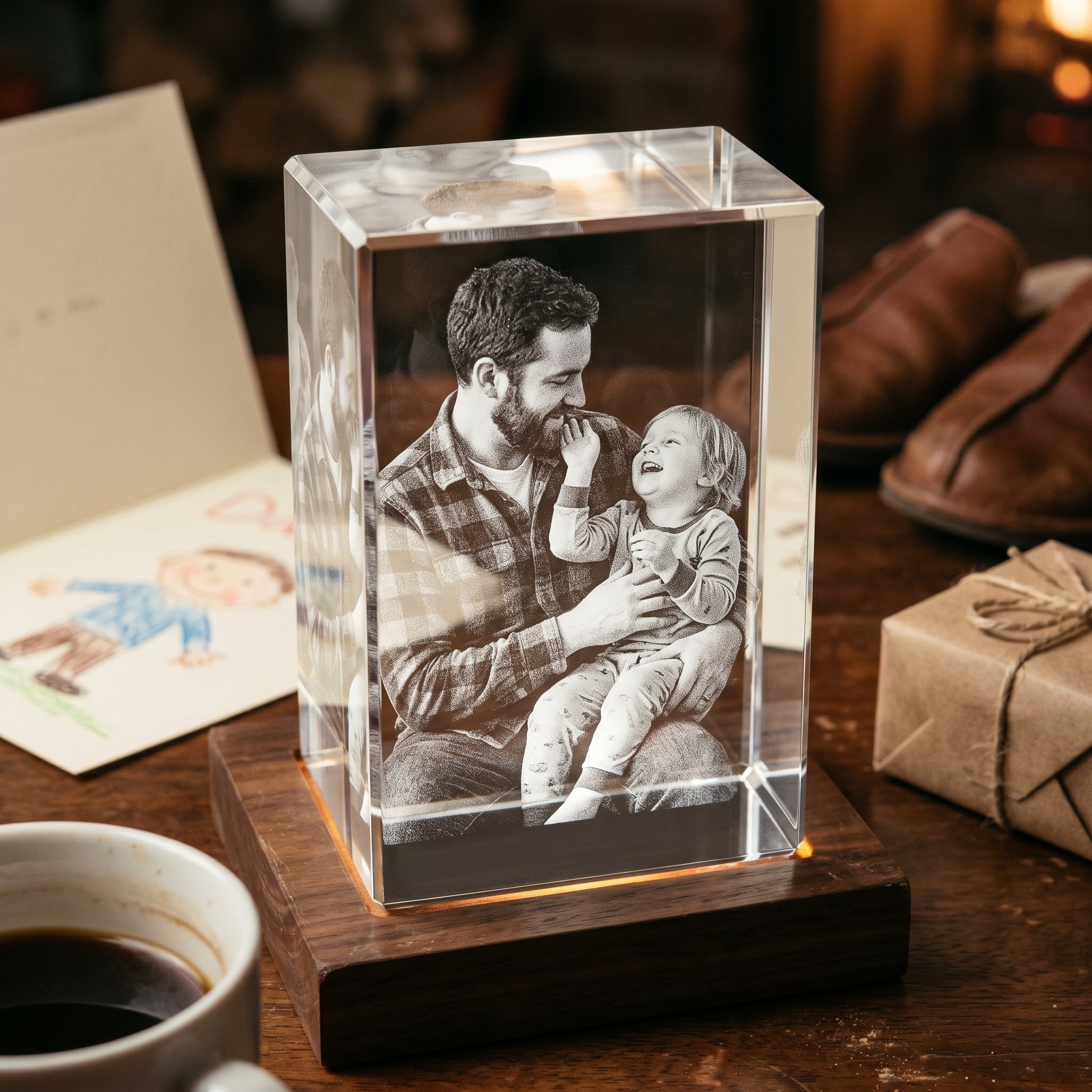 Walnut rectangle 3D Crystal engraved with candid father and child Christmas moment in pure grayscale, rustic den with card and wrapped gift