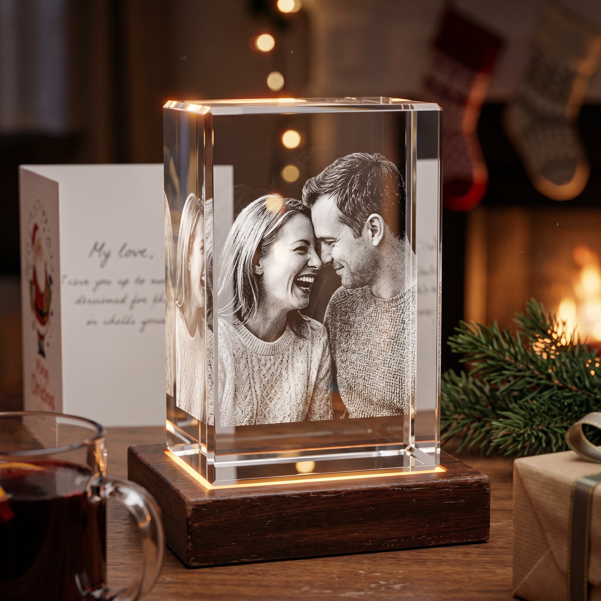 Rosewood rectangle 3D Crystal engraved with candid wife and husband mid-laugh in pure grayscale, warm Christmas living room with card and evergreen