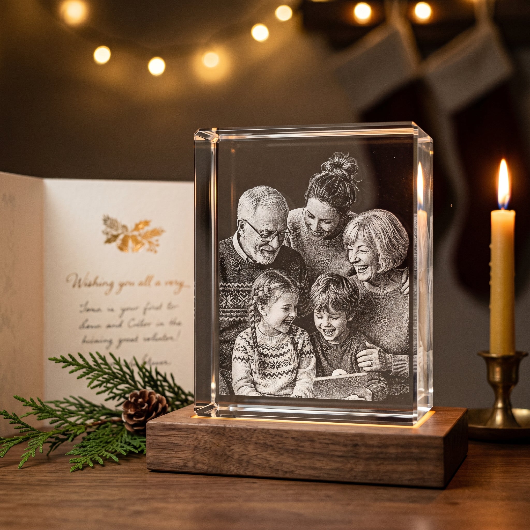 Walnut rectangle 3D Crystal with engraved three-generation Christmas family candid in pure grayscale, warm Christmas mantle with card evergreen and lit candle