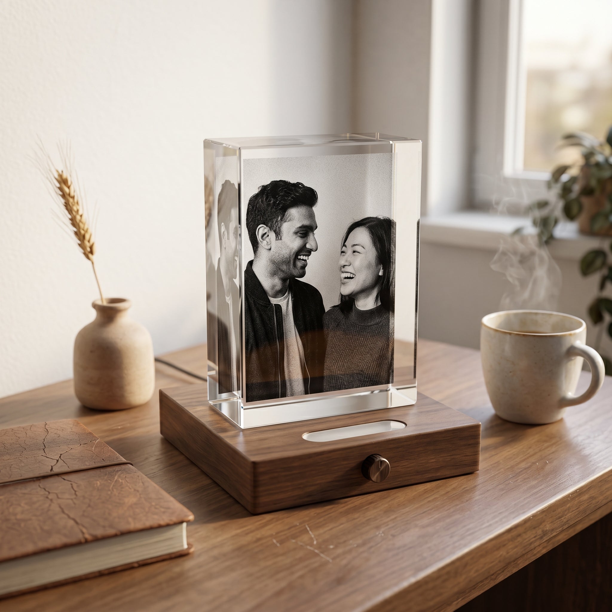 Walnut Essentials Wood Light Base with rectangle 3D Crystal Photo Block engraved with candid couple in grayscale, leather notebook ceramic vase on console