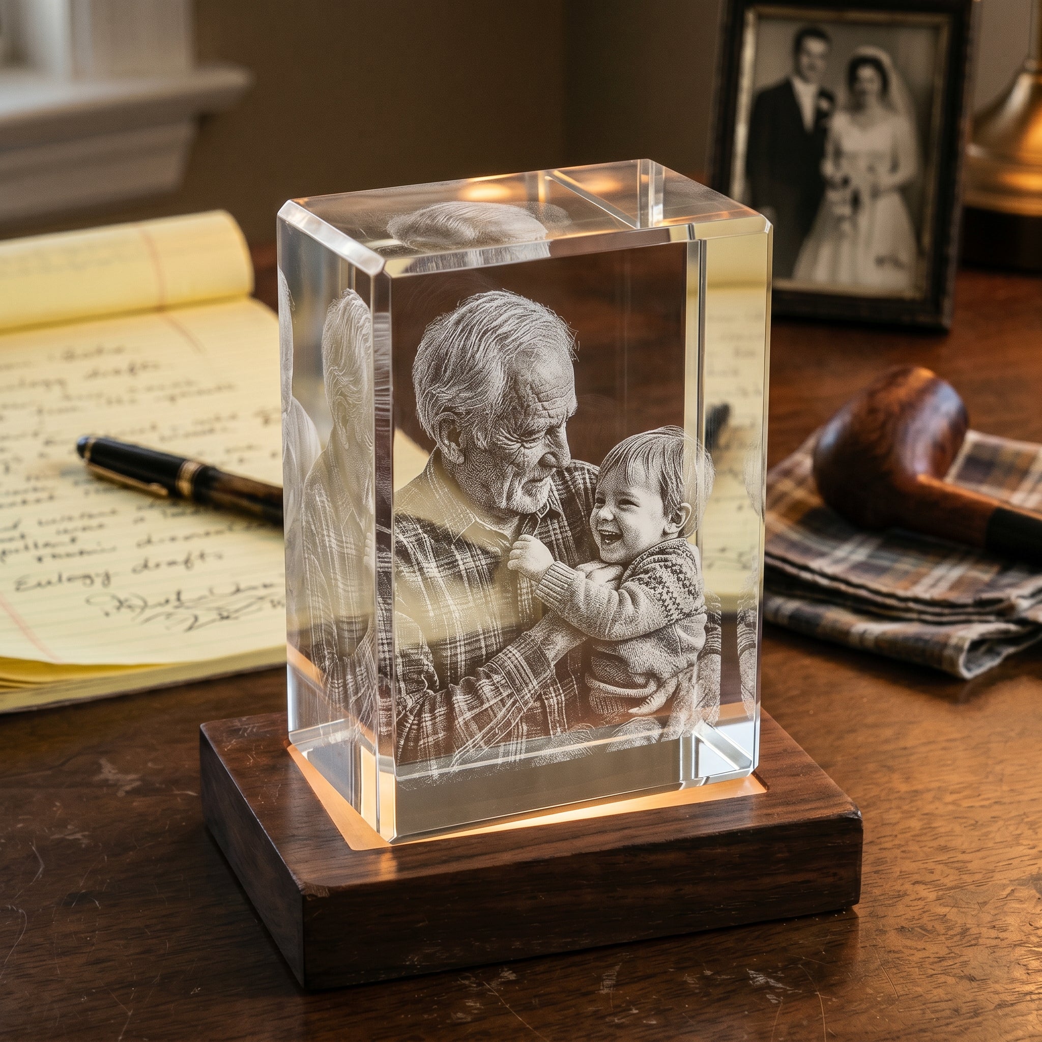 Rosewood rectangle 3D Crystal with engraved grandfather and grandchild candid moment in pure grayscale, reverential study with handwritten eulogy draft and pipe