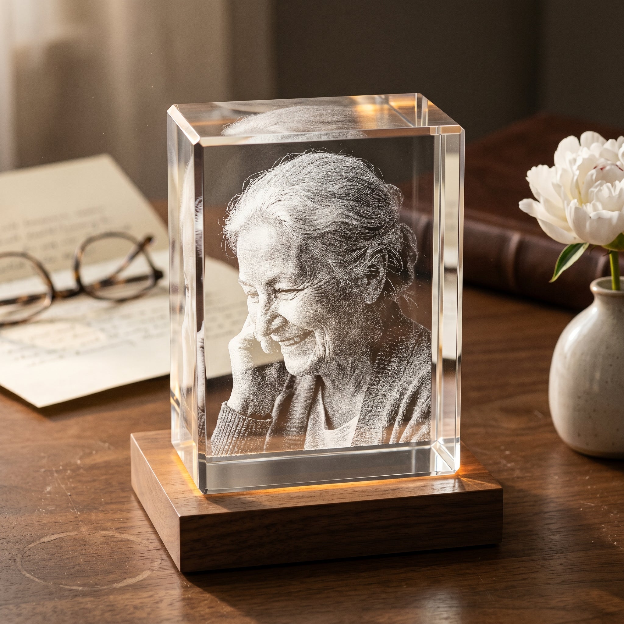 Walnut rectangle 3D Crystal with engraved candid grandmother portrait in pure grayscale, reverential study scene with handwritten eulogy draft and reading glasses