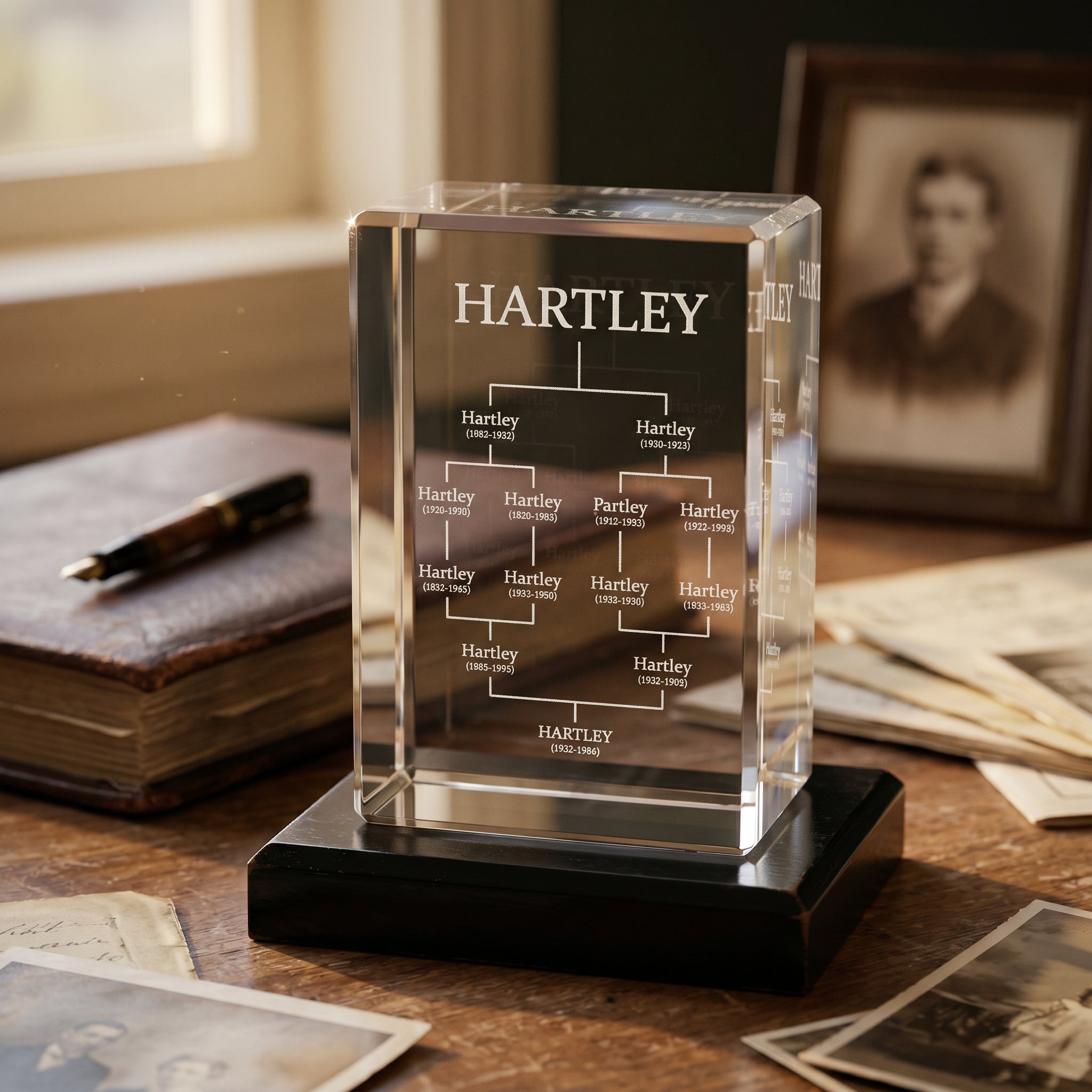 Black Premium rectangle 3D Crystal engraved with family tree diagram in pure grayscale, heritage study with leather album and sepia ancestor photo