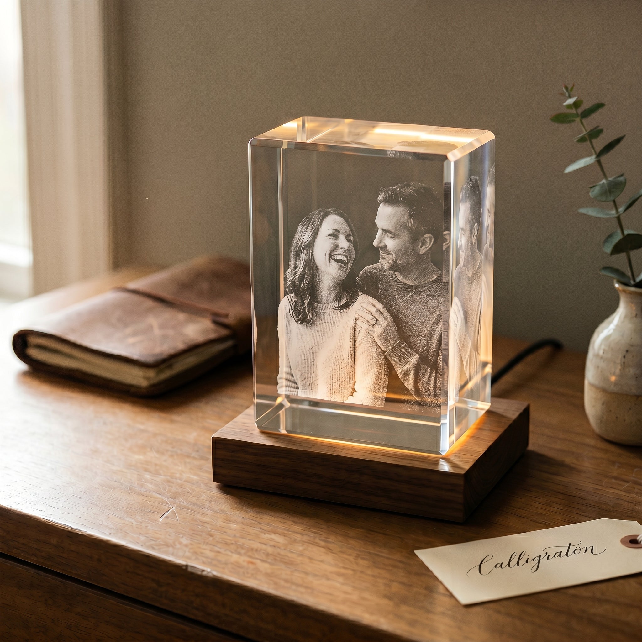 Walnut rectangle 3D Crystal hero with calligraphy price tag in soft focus, candid couple engraving in pure grayscale, editorial cost-guide composition