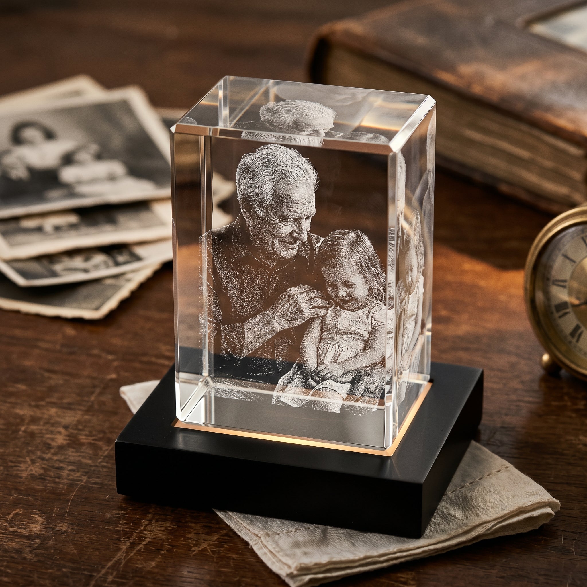 Black Premium rectangle 3D Crystal engraved with candid grandfather and grandchild in pure grayscale, permanence-themed study with brass clock and old photos