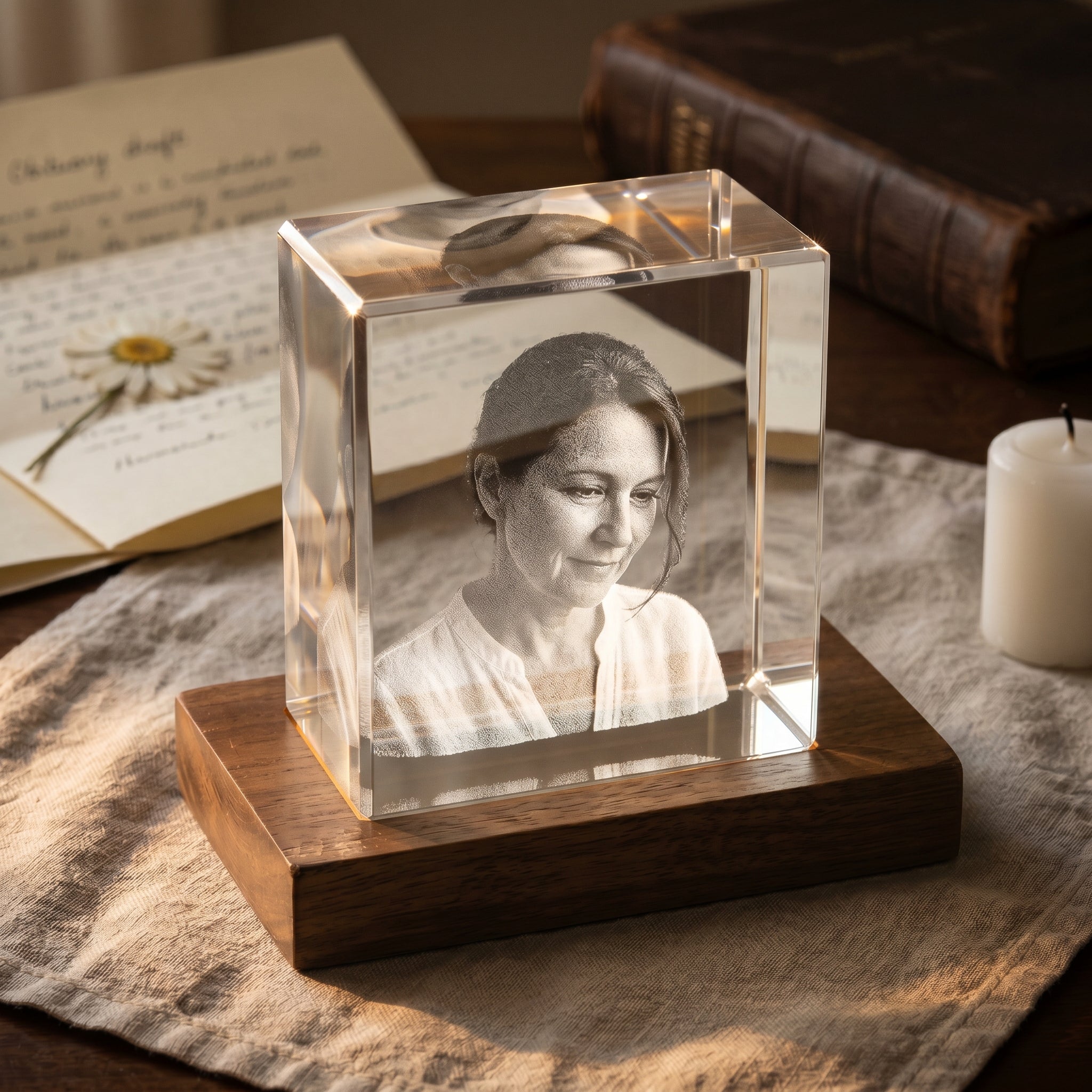 Walnut rectangle 3D Crystal with engraved candid mother portrait in pure grayscale, evening mantle with handwritten obituary draft and pressed daisy