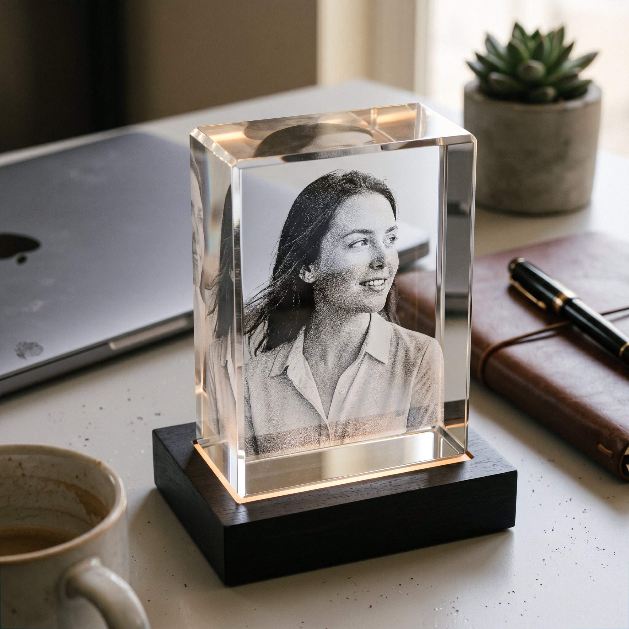 Black Premium rectangle personalized crystal paperweight hero on home office desk, candid young professional engraving in pure grayscale, laptop and leather notebook