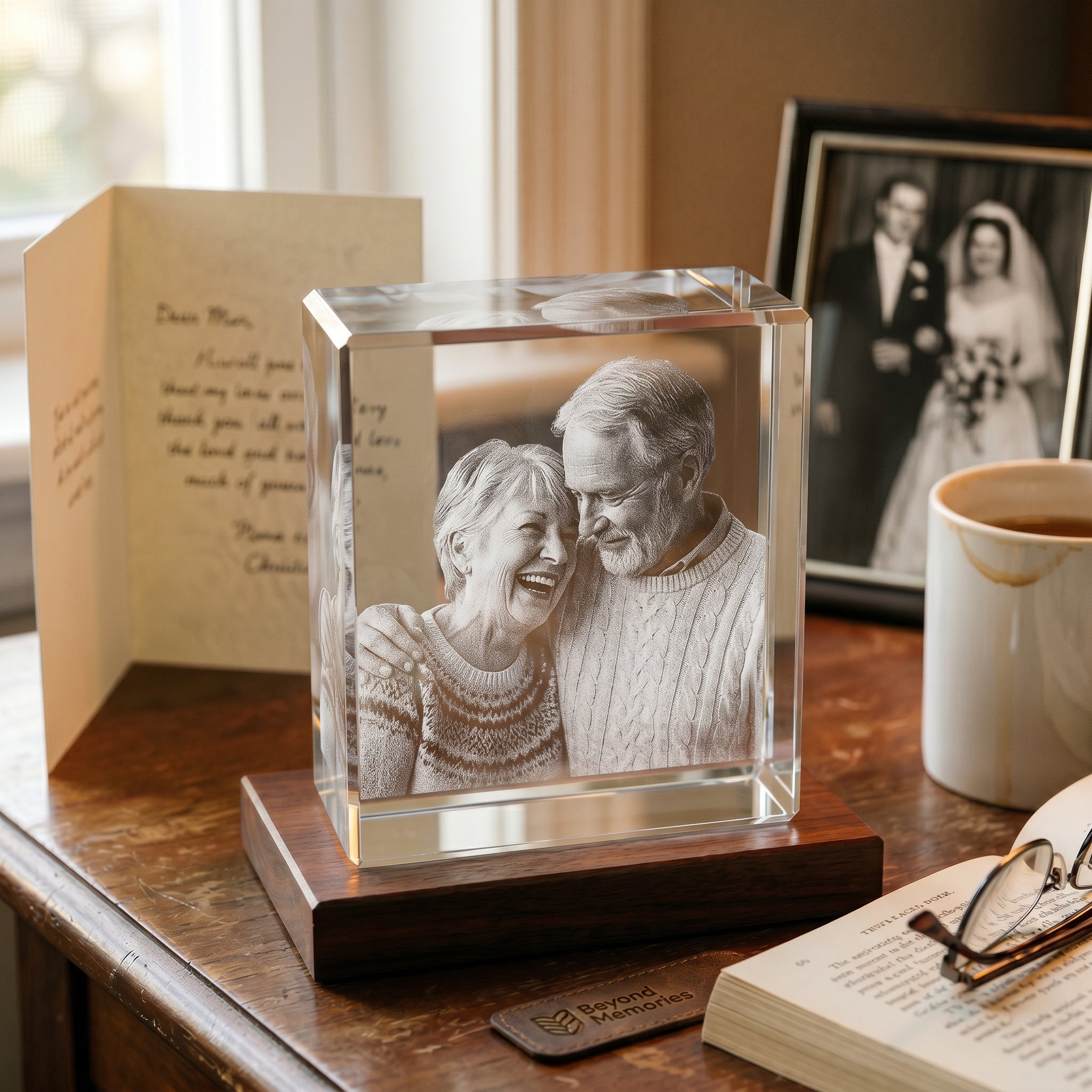 Rosewood rectangle 3D Crystal with engraved older anniversary couple candid in pure grayscale, living room with anniversary card and old wedding photo in bokeh