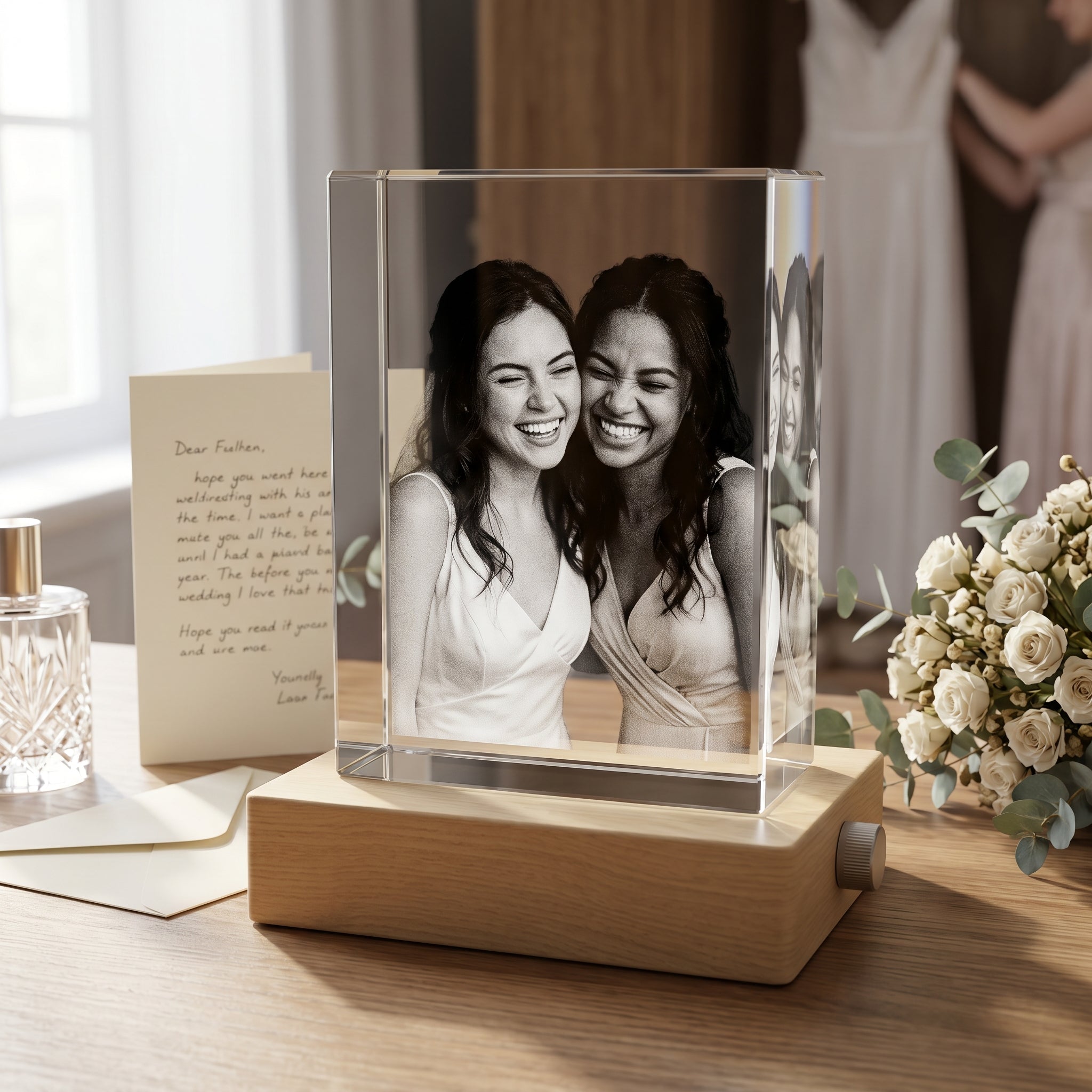 Natural blonde Essentials Wood Light Base with rectangle 3D Memory Crystal engraved with candid bride and sister mid laugh in grayscale, dresser with card