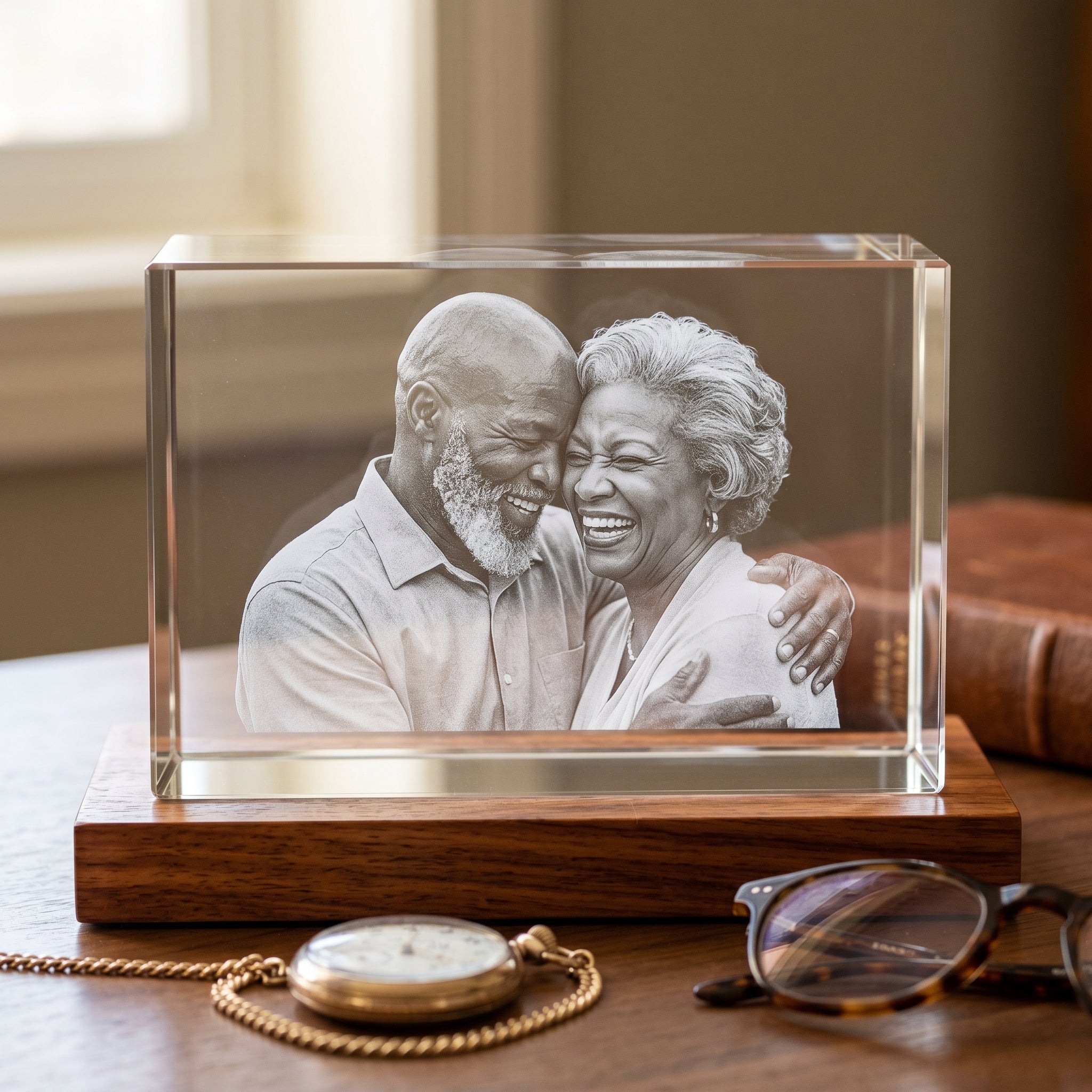 Horizontal landscape 3D Memory Crystal on polished rosewood slim base with silvery engraving of older Black couple in late 60s cheek-to-cheek laughing, vintage pocket watch and tortoiseshell glasses on wood desk