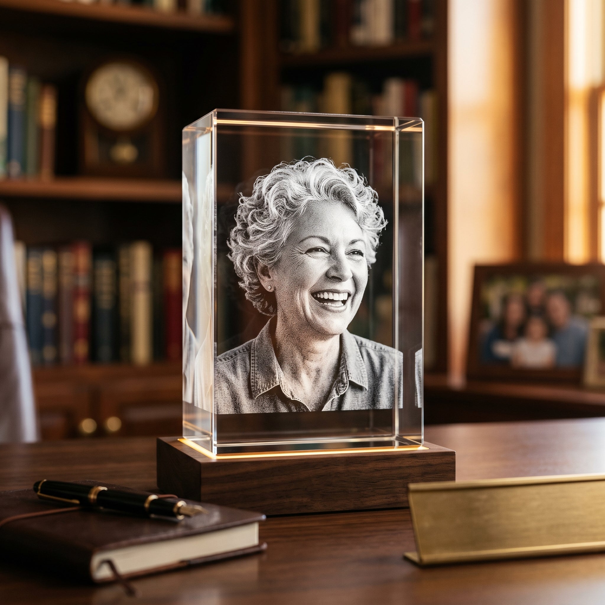 Rectangle 3D Memory Crystal engraved with a retiree in their early 60s mid-laugh, point-cloud K9 laser engraving on dark walnut Memory Light Base, leather retirement journal and brass desk plate beside the base, polished walnut home study desk in late-afternoon sun